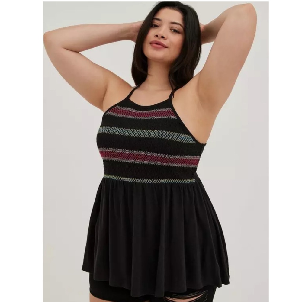 Torrid Deep Black Super Soft Smocked High Neck Babydoll Sleeveless Tank Top